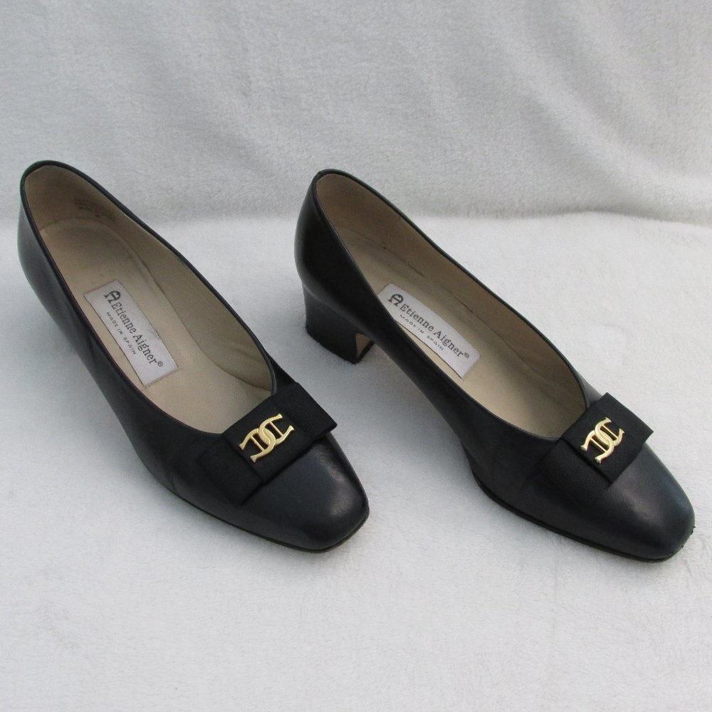 Etienne Aigner “Fiesta” Black Leather Pumps With Ribbon Bow and Goldtone Logo